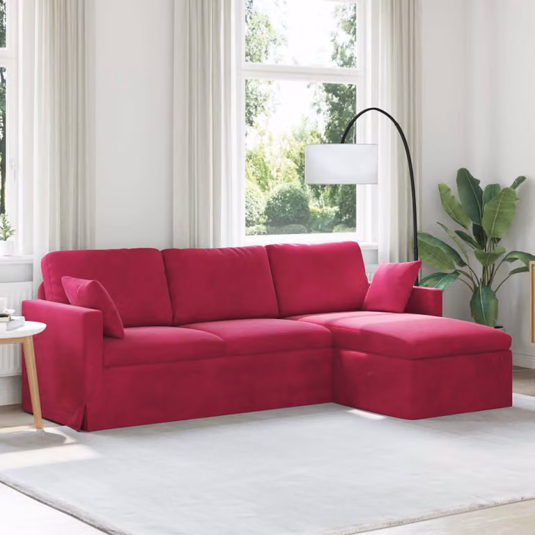 Divano angolare vidaXL in velluto rosso vino con cuscini, L/P/H: 228 x 134 x 80 cm