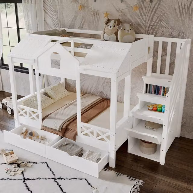 Letto a castello per bambini 90×200 cm e 140×200 cm con 2 cassetti, scala contenitore e tetto, senza materasso