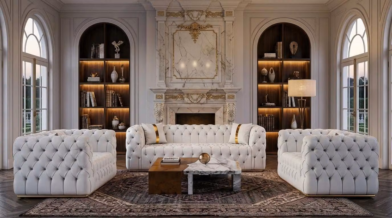 Divano Chesterfield bianco lussuoso, set da salotto con divano e 2 poltrone, design di alta qualità