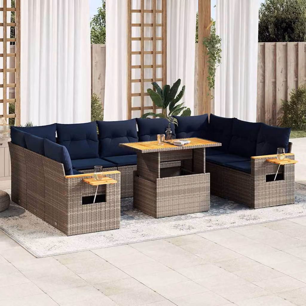 Set da giardino vidaXL composto da 10 pezzi con cuscini, forma a U, in polyrattan e legno di acacia color grigio e blu