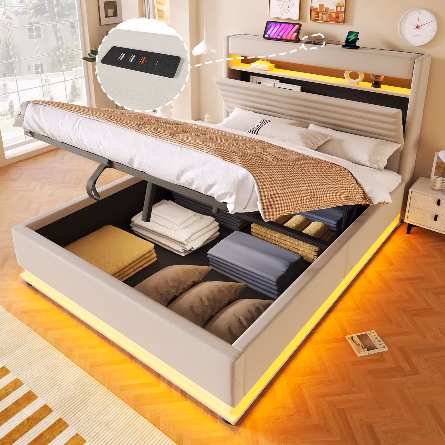 Letto imbottito Merax 140x200 cm, letto per bambini con funzione di ricarica USB tipo C, illuminazione a LED, supporto idraulico, vano portaoggetti ribaltabile, biancheria, beige