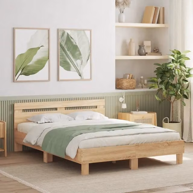 Letto con testiera e illuminazione LED con porte USB vidaXL in legno Rovere Sonoma L: 140 cm, P: 200 cm, H: 145 cm