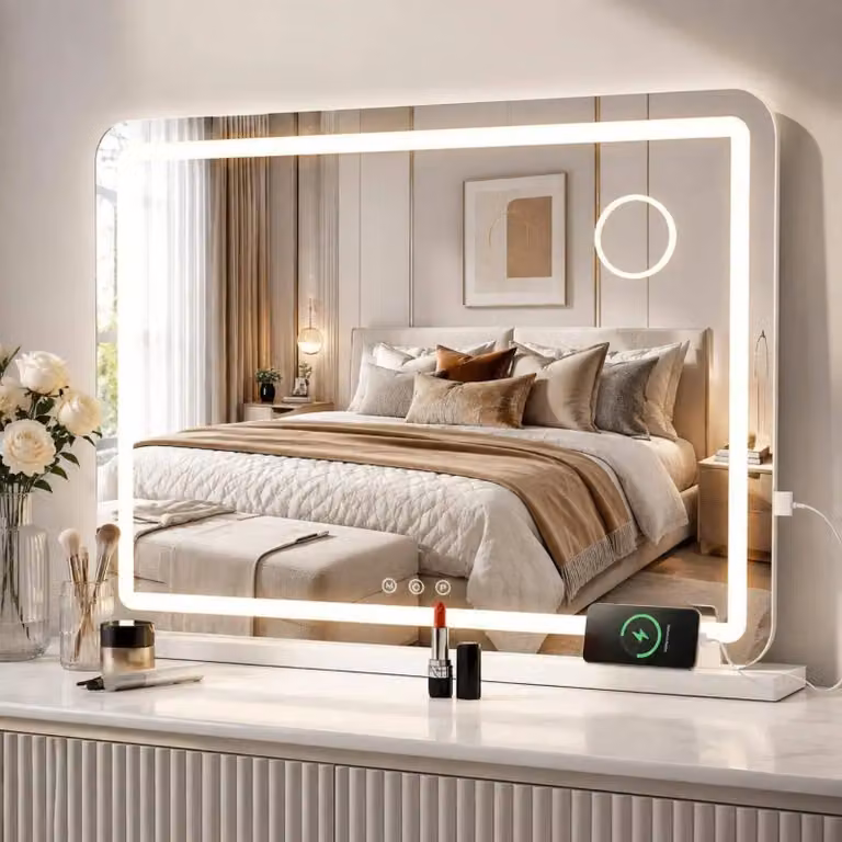 Specchio illuminato per trucco, modello Hollywood, dimensioni 80x60 cm, ideale per il trucco