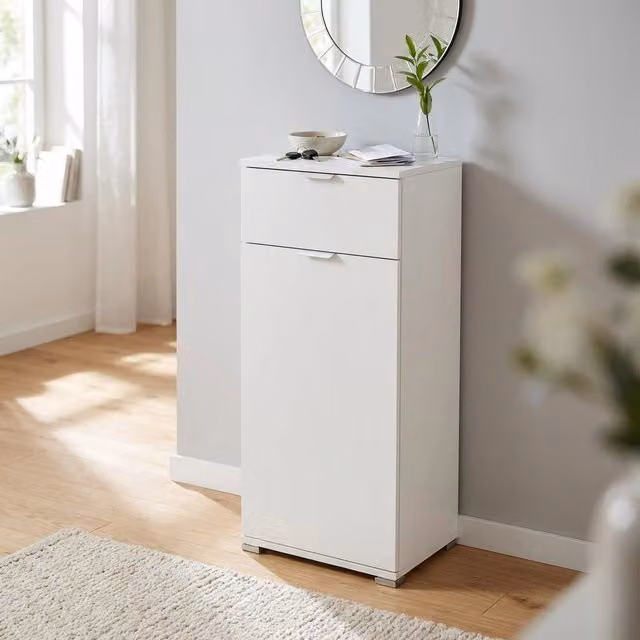 Armadietto da Bagno Moderno Curt Bauer in Legno Composito Bianco con Cassetto e Ripiani Interni L/P/H: 45 x 38 x 103 cm