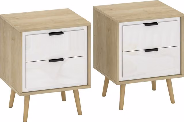 Set di 2 Comodini Moderni HOMCOM con 2 Cassetti a Scorrimento Silenzioso, Bianco Lucido e Rovere, L 40 cm x P 35 cm x H 50 cm