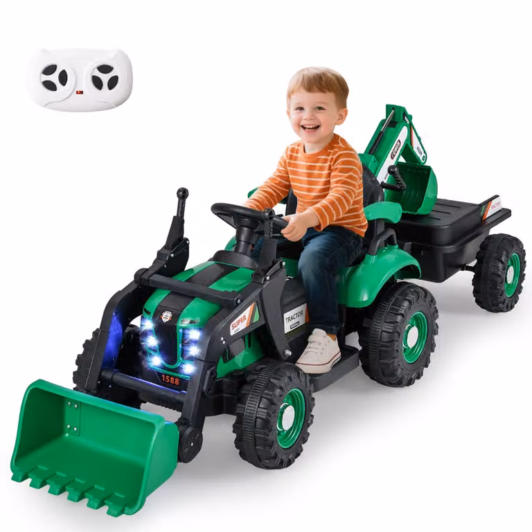 Veicolo da costruzione elettrico 12V Costway 4-in-1 con rimorchio, scavatore, trattore e bulldozer per bambini, Verde