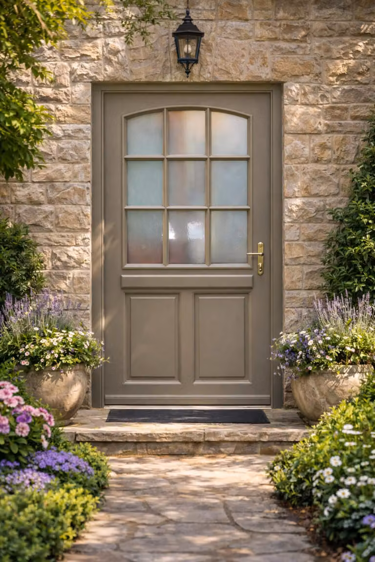 Porta d'ingresso in legno con vetro Alban Grigio Quarzo, H.215xL.90 cm, lato pannello P. sinistra, maniglia, cilindro GD MENUISERIES