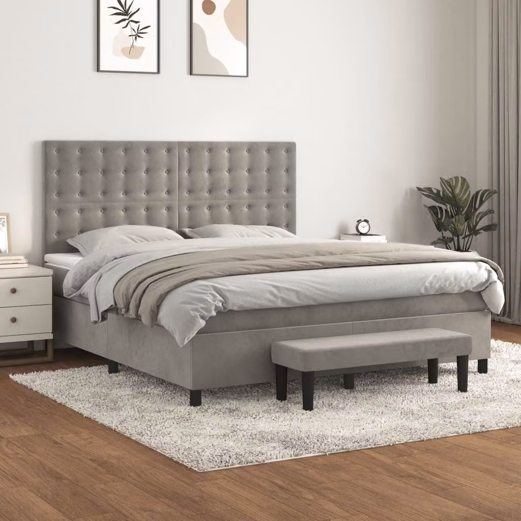 vidaXL Giroletto a Molle con Materasso Ibrido in Velluto Grigio Chiaro L/P/H: 180 x 200 cm – 1
