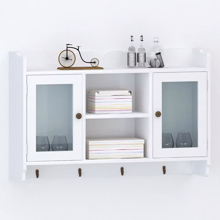 Pensile da parete moderno vidaXL in MDF laccato bianco con ante in vetro e ripiani interni