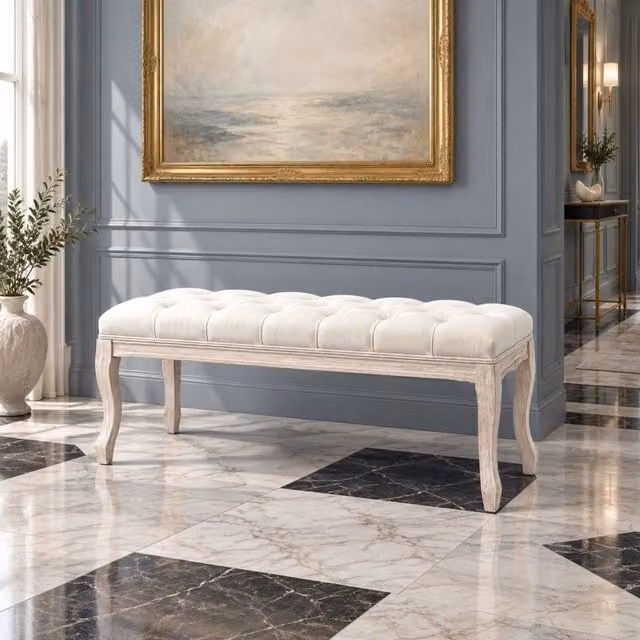 Panca imbottita beige 110x40x48 cm in legno e tessuto effetto lino, capitonné