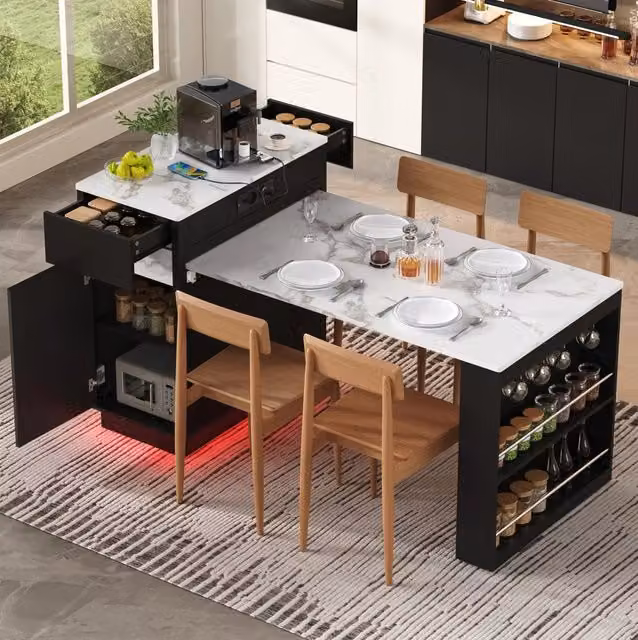 Isola cucina estensibile 80,5x58x94 cm in MDF nero con LED e prese salvaspazio –