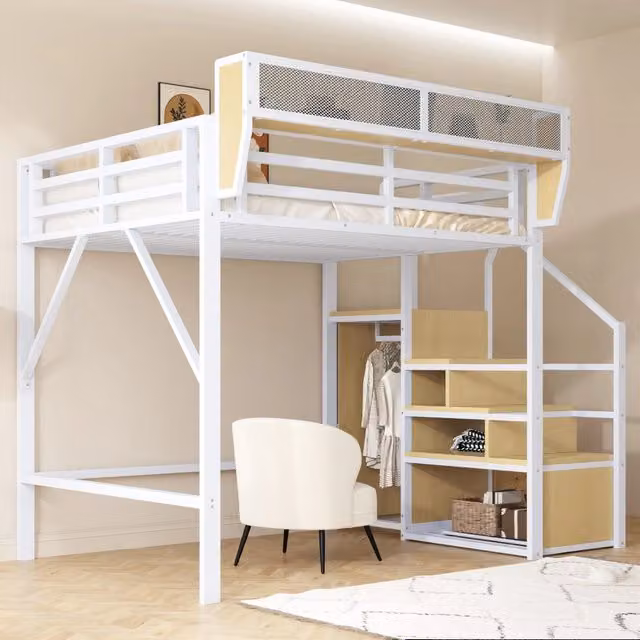 Letto a soppalco REDOM in metallo bianco con scala a gradini e ripiano laterale L/P/H: 200 x 140 x 191 cm