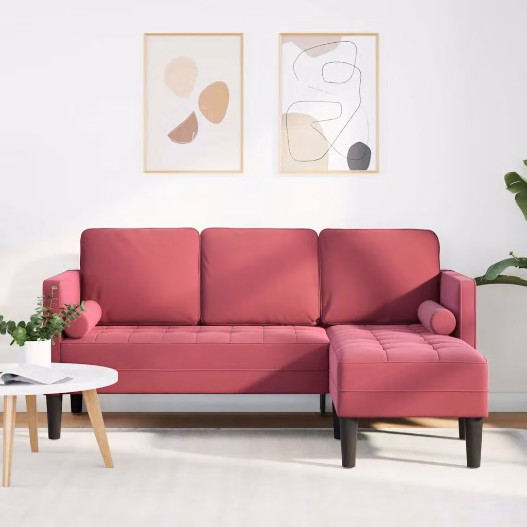 Set di divano ad angolo vidaXL in velluto rosso con cuscini inclusi