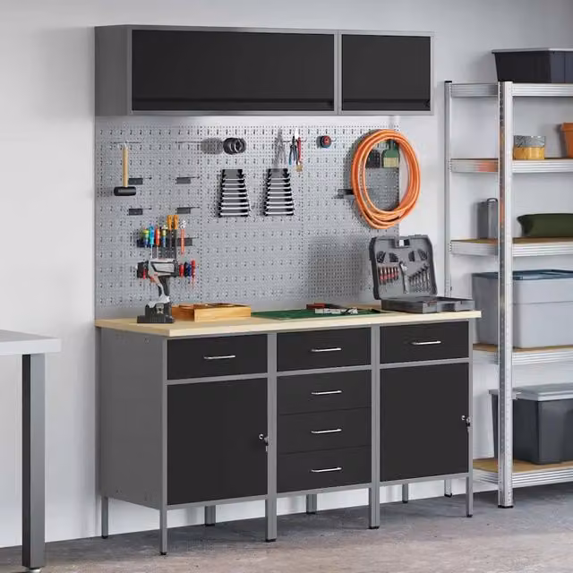 Set di mobili da lavoro con cassetto vidaXL in acciaio, 8 pezzi, Nero