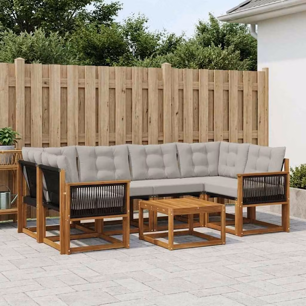 vidaXL Set di divani da esterno a L composto da 7 pezzi in legno di acacia con tavolino, colore beige e grigio