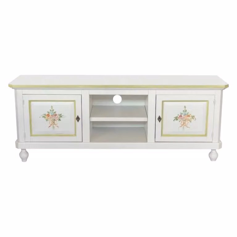 Porta TV in legno shabby chic bianco con decoro floreale verde Mobili 2G L: 150 cm, P: 43 cm, H: 56 cm