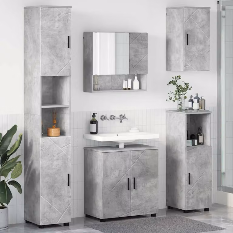Set di mobili per il bagno moderno vidaXL in legno e metallo, colore grigio e nero, composto da mobile lavabo, armadietto con specchio e colonna, L/P/H: 61 x 35 x 64 cm