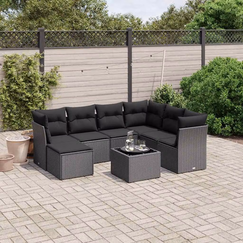vidaXL Set Divani da Giardino a L con Cuscini 8 pz Nero in Polyrattan e Acciaio – 1