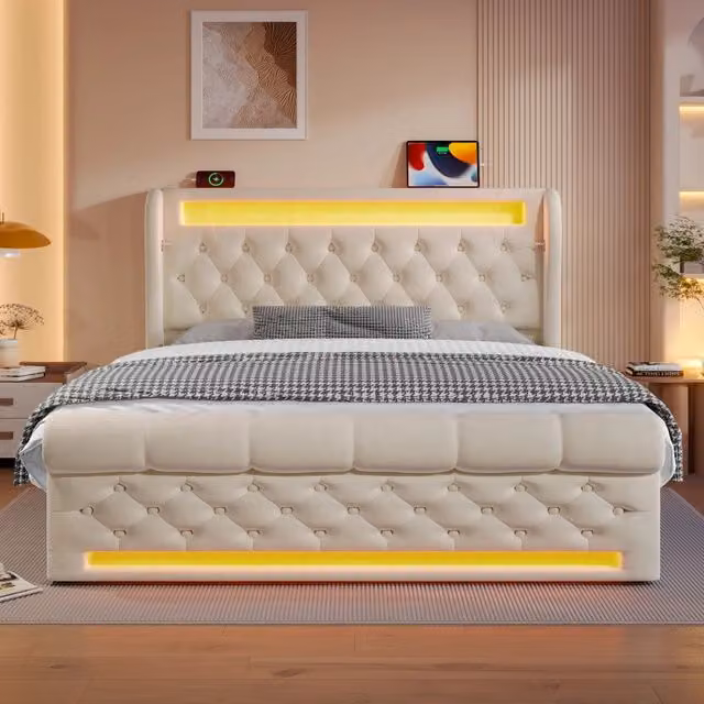 Letto contenitore 140x200 cm imbottito in velluto beige con LED; USB e USB-C
