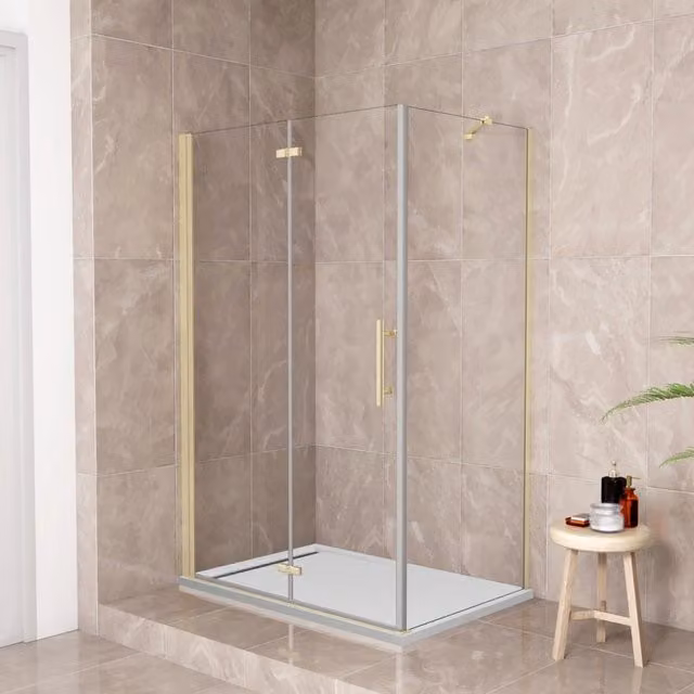185 cm Box Doccia Angolare 76x70 cm Porta Battente Pieghevole 76 Parete Fissa 70 Vetro Temperato 6 mm Anticalcare Barra Stabilizzatrice da 45 cm Dorato Spazzolato