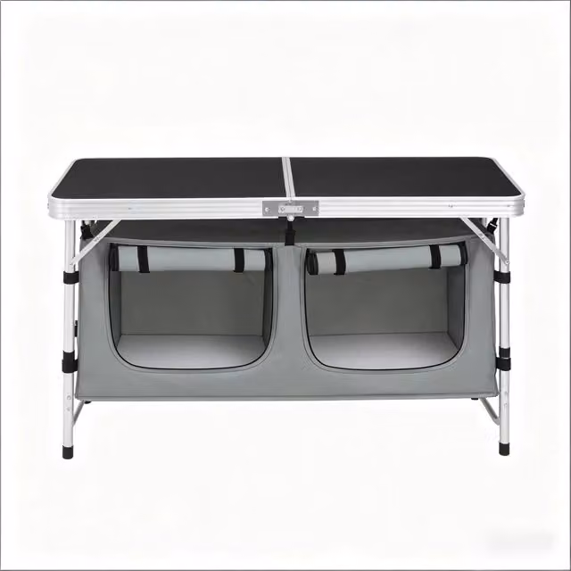Tavolino da giardino Outsunny pieghevole con gambe regolabili in metallo e piano in MDF laminato, grigio e nero, L: 69,5 cm, P: 47,0 cm, H: 30,0-47,0 cm