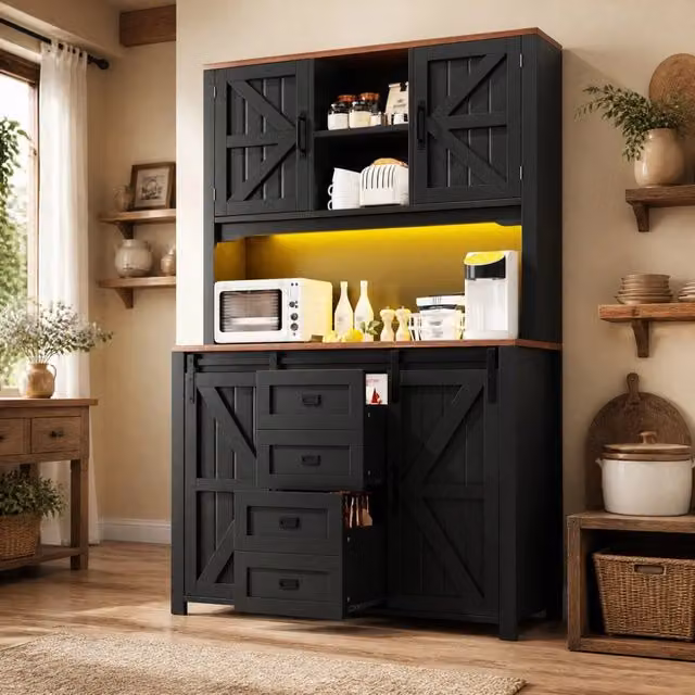 Credenza da cucina alta moderna con ante scorrevoli e illuminazione LED, struttura in MDF e metallo, nera e multicolore, L: 115 cm, P: 40 cm, H: 174,7 cm – 1