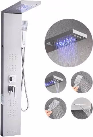 Colonna Doccia VEVOR con Sistema a Torre in Acciaio Inox Spazzolato Argento, Soffione a Cascata LED, Rubinetto a 5 Funzioni, Doccetta e Beccuccio per Vasca, Altezza: 134,5 cm