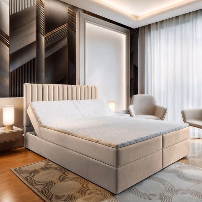 Letto a molle Masseno MURLO 160x200 cm completo di materasso e topper Bonell, letto imbottito con cassettiera -Beige, PAROS 02