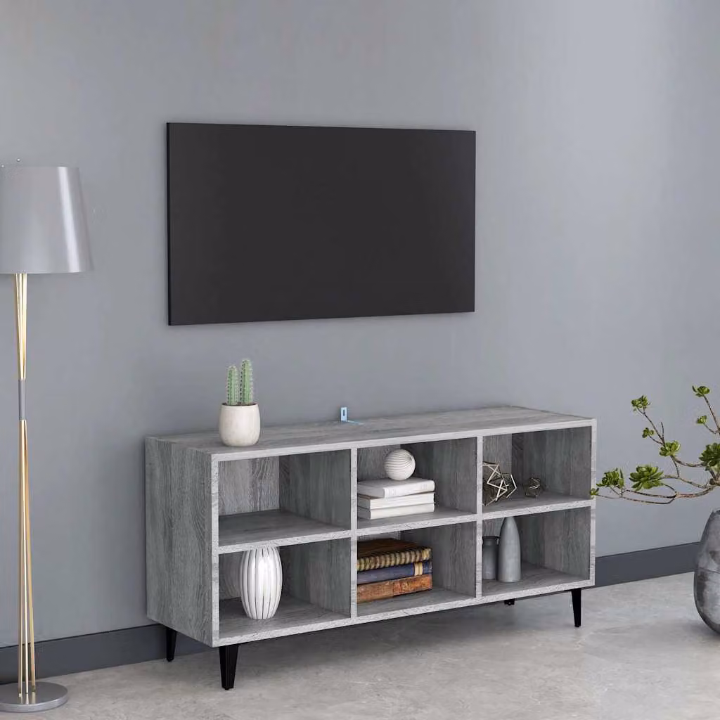 Mobile TV vidaXL con gambe in metallo e struttura in MDF, colore Grigio Sonoma, L: 103,5 cm, P: 30 cm, H: 50 cm