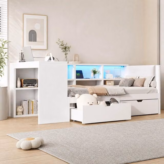Letto singolo moderno in legno bianco con cassetti, mensole, illuminazione LED e porta USB, L/P/H: 90 x 200 x 115 cm