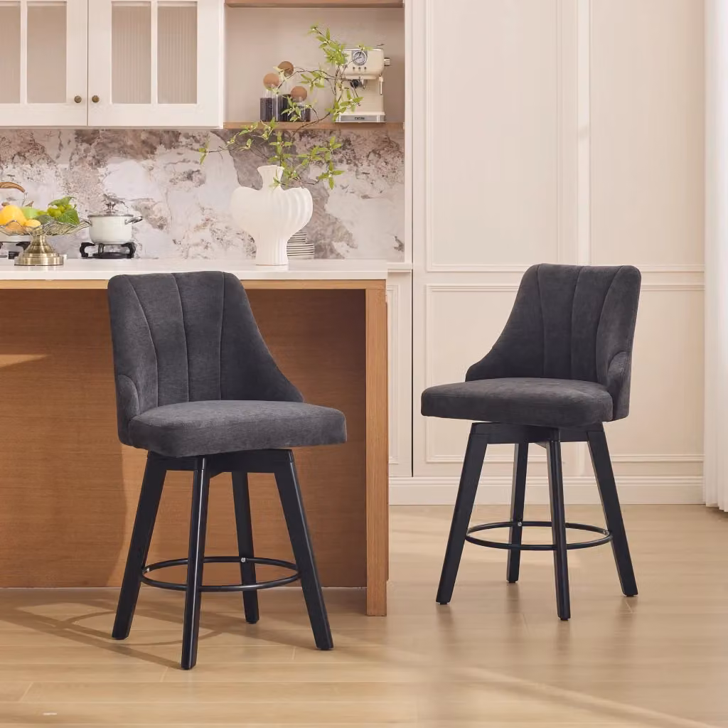 Set di 2 sgabelli da bar girevoli a 360 con schienale e poggiapiedi in ciniglia grigio, L/P/H: 53 x 53.5 x 94.5 cm – 2