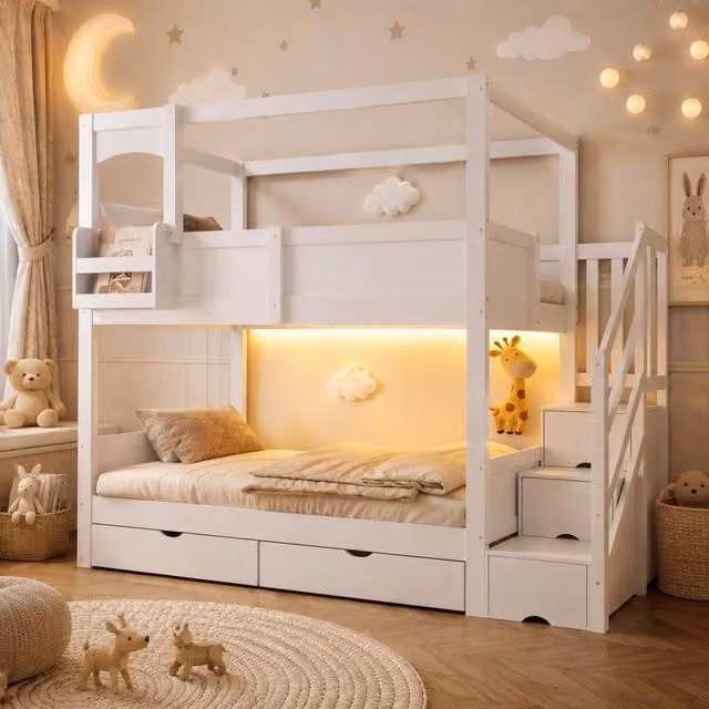 Desviae Letto a castello per bambini 90 × 200 cm con rete a doghe, design casetta, legno, bianco, con scrivania e contenitore