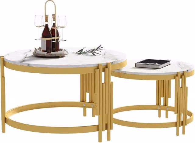 Set 2 tavolini da caffè modulari, tondi in 2 dimensioni, effetto marmo con struttura in metallo dorato