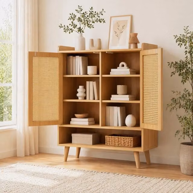 Mobile portascarpe in legno e rattan 80x35x105 cm rovere chiaro 2 ante