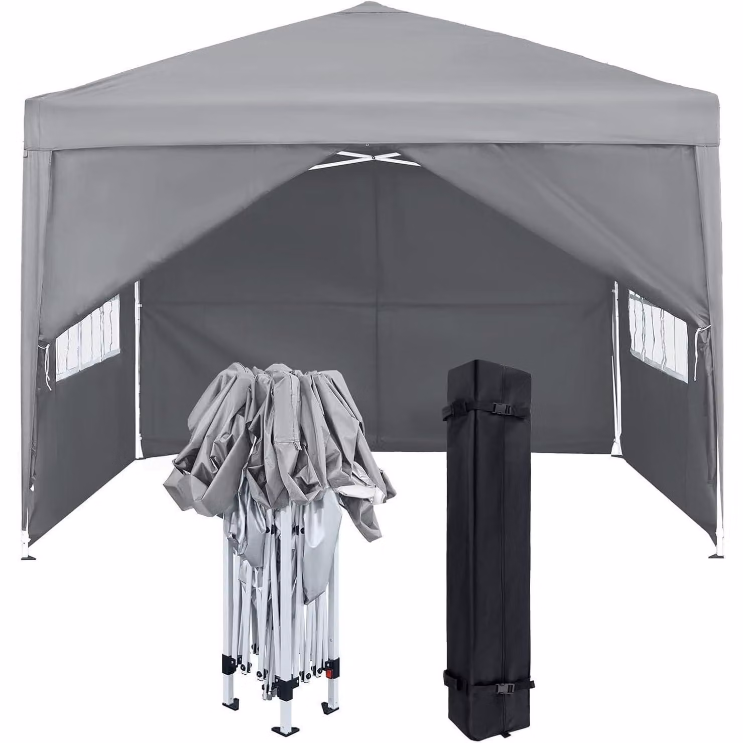Gazebo da esterno di 2,5x2,5 metri con pannelli laterali e finestre, colore grigio, realizzato in poliestere impermeabile e resistente al vento