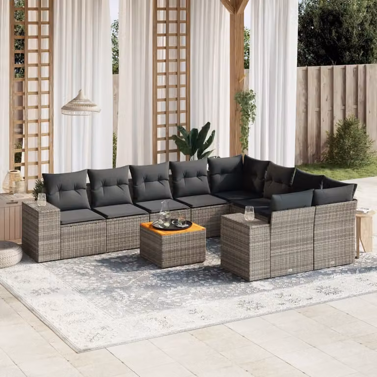 vidaXL Set Divano da Giardino 10 pz a Forma a L in Polyrattan Grigio con Cuscini e Tavolino