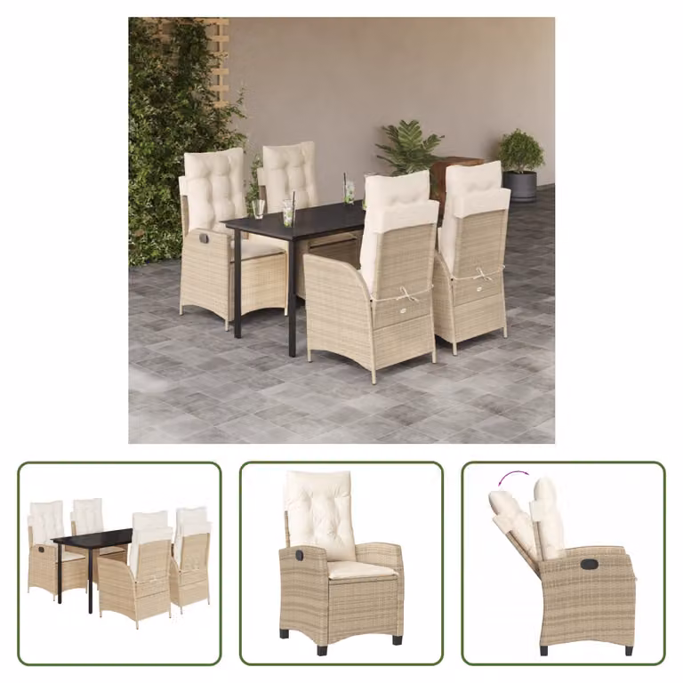 The Living Store Set da pranzo da giardino 5 pezzi con cuscini Beige poly rattan