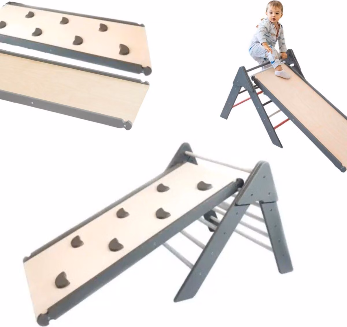 Triangolo di arrampicata, struttura di arrampicata in legno per bambini Triangolo di germoglio, scivolo per bambini | bianco-grigio