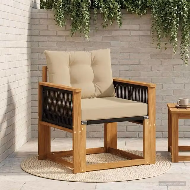 Divano centrale componibile per esterno in legno di acacia massello naturale con cuscini beige – 1