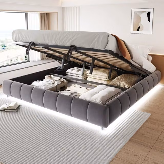 Struttura letto imbottita 180 × 200 cm senza testiera con vano contenitore LED bianco velluto grigio
