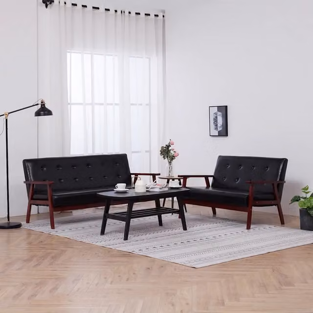 Set di divani vidaXL in similpelle nero con struttura in legno stile mid-century composto da un divano a 2 posti e un divano a 3 posti