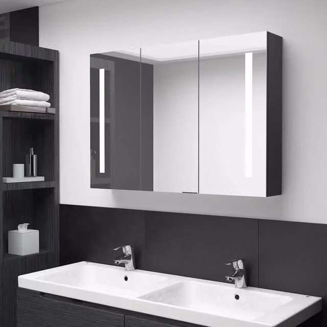 Armadietto da bagno moderno vidaXL con specchio e illuminazione LED nero lucido L: 89 cm, P: 14 cm, H: 62 cm