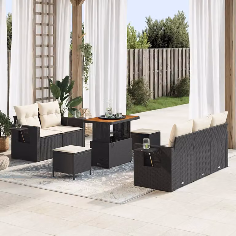 Set Divano da Giardino vidaXL 8 Pezzi L-Shape Nero con Cuscini e Tavolino da Caffè in Polyrattan e Acciaio