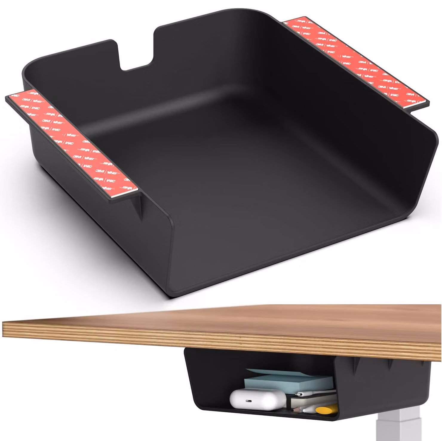 Pianetto portaoggetti da montare sotto la scrivania - Plastica nera - 21,3 x 19,3 x 7,1 cm
