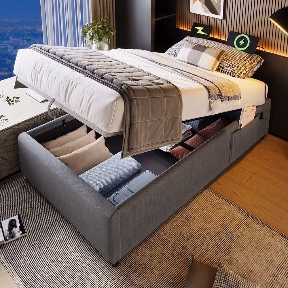 Sweiko Letto imbottito letto singolo 90×200 cm, rete Sturaumbett con USB-C e rete a doghe a superficie intera, senza testata, cotone, grigio, senza materasso