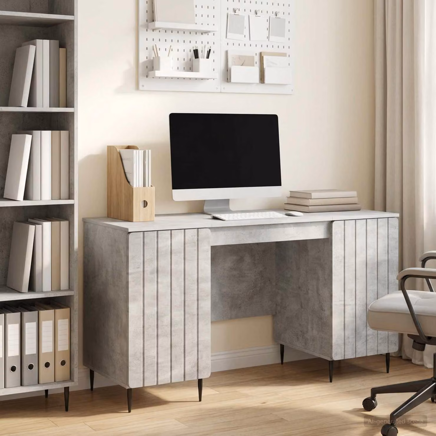 Maison Exclusive - Scrivania con ante, grigio cemento, 142,5 x 50 x 75 cm, materiale a base di legno