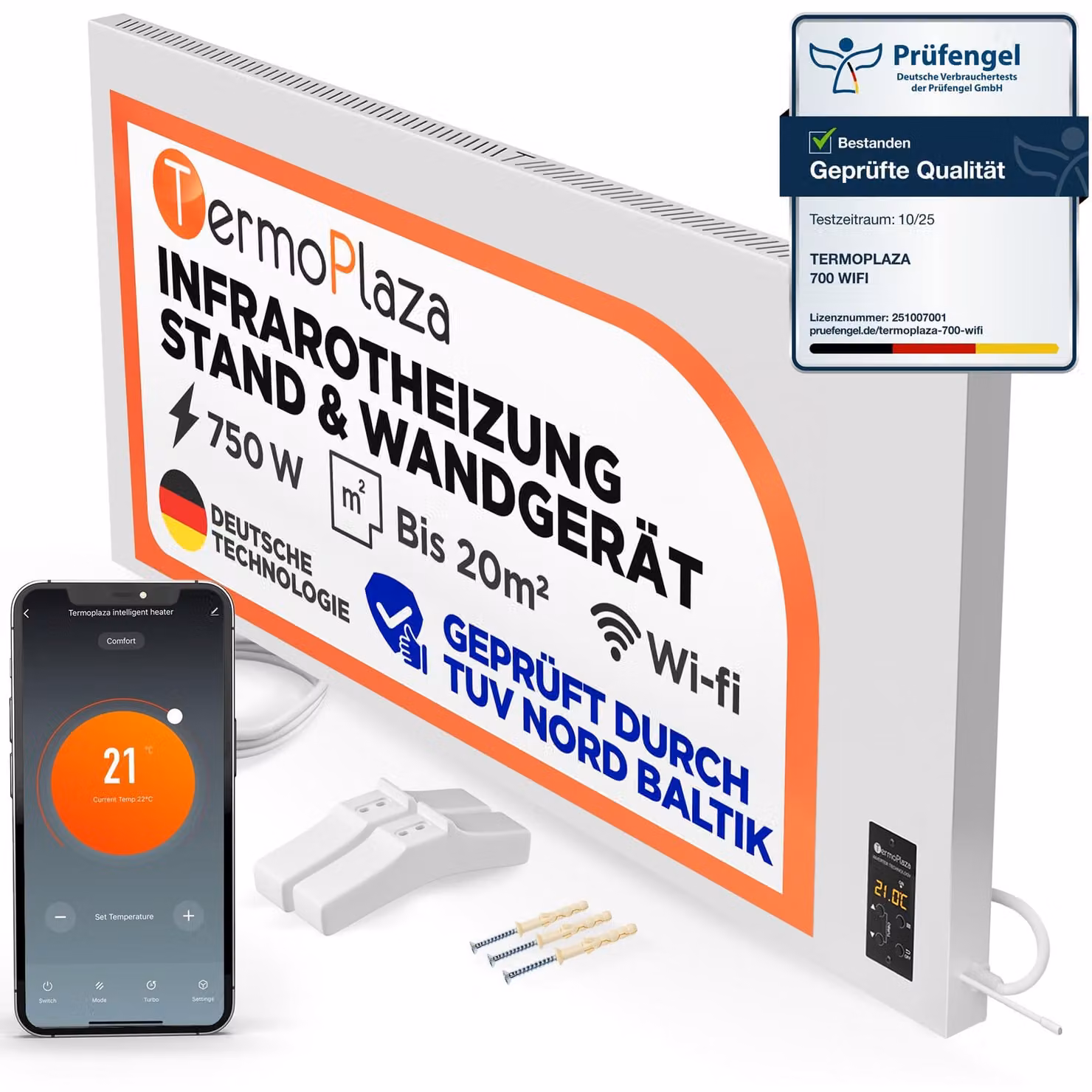 TermoPlaza: Riscaldatore a infrarossi con connessione WLAN e termostato, da 750 W per ambienti fino a 20 m². Riscaldatore a infrarossi da parete e da pavimento, intelligente. Riscaldatore elettrico a infrarossi