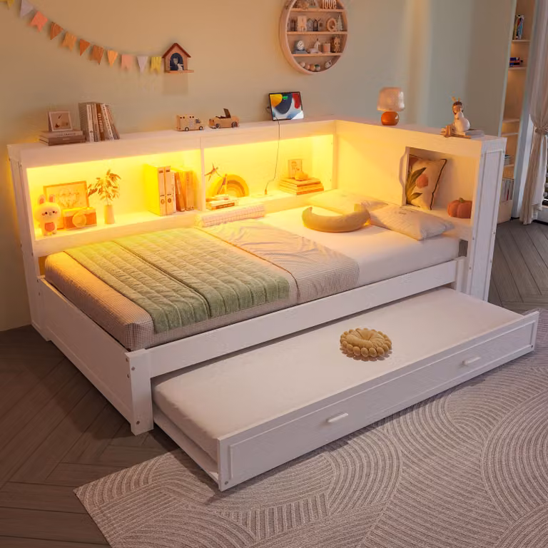 Divano letto 90 x 200 cm con letto estraibile 90 x 190 cm, dotato di illuminazione LED, presa di corrente, porte USB e Type-C, e vani portaoggetti, colore bianco