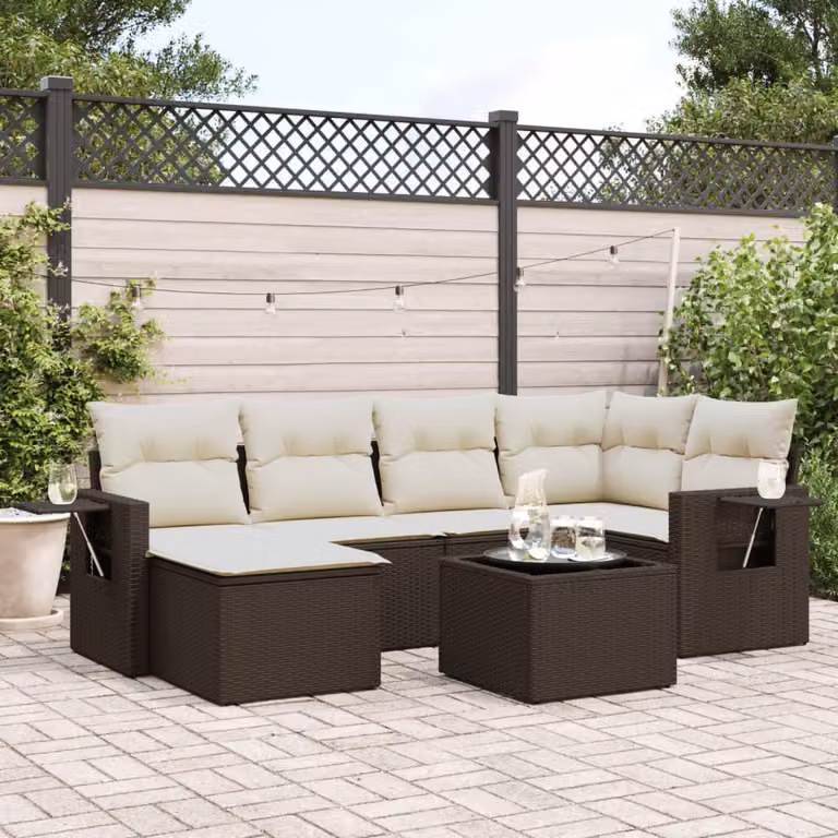 Set di divani da giardino vidaXL 7 pezzi in polyrattan marrone con cuscini e tavolino da esterno