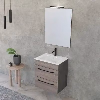 Mobile bagno sospeso Smart con lavabo e specchio con illuminazione LED in finitura rovere, L: 55 cm, P: 43 cm, H: 62 cm